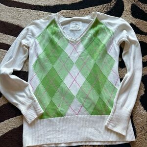 H&M White and Green Argyle V-Neck Sweater